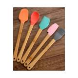 5&#39;li Renkli Ahşap Saplı Silikon Uçlu Spatula Fırçalı Kaşık Seti -Yemek Hazırlık Seti 21 Cm