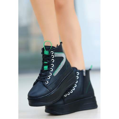 Siyah Cilt Yeşil Detaylı Bağcıklı Bot Siyah Cilt Yeşil Detaylı Bağcıklı Bot