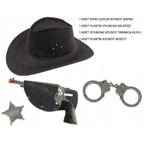 Çocuk Boy Siyah Kovboy Şapka Tabanca Rozet ve Kelepçe Seti 4 Parça Çocuk Boy Siyah Kovboy Şapka Tabanca Rozet ve Kelepçe Seti 4 Parça