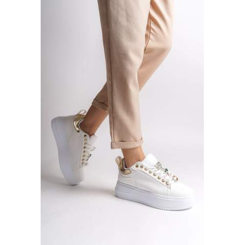 Lisinya948  Bağcıklı Ortopedik Taban Renkli Taş Dekorlu Kadın Sneaker Ayakkabı BT Beyaz/Altın Lisinya948  Bağcıklı Ortopedik Taban Renkli Taş Dekorlu Kadın Sneaker Ayakkabı BT Beyaz/Altın