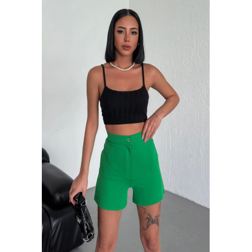 Tarz Ve Rahatlığı Bir Arada Sunan Yüksek Bel Esnek Likralı Krep Şort Yeşil