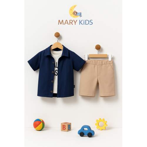 MARY KİDS Erkek Çocuk 3’lü Yazlık Kombin Gömlek Baskılı Tişört ve Şort Takım