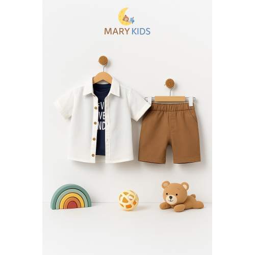 MARY KİDS Erkek Çocuk 3’lü Yazlık Kombin Gömlek Baskılı Tişört ve Şort Takım